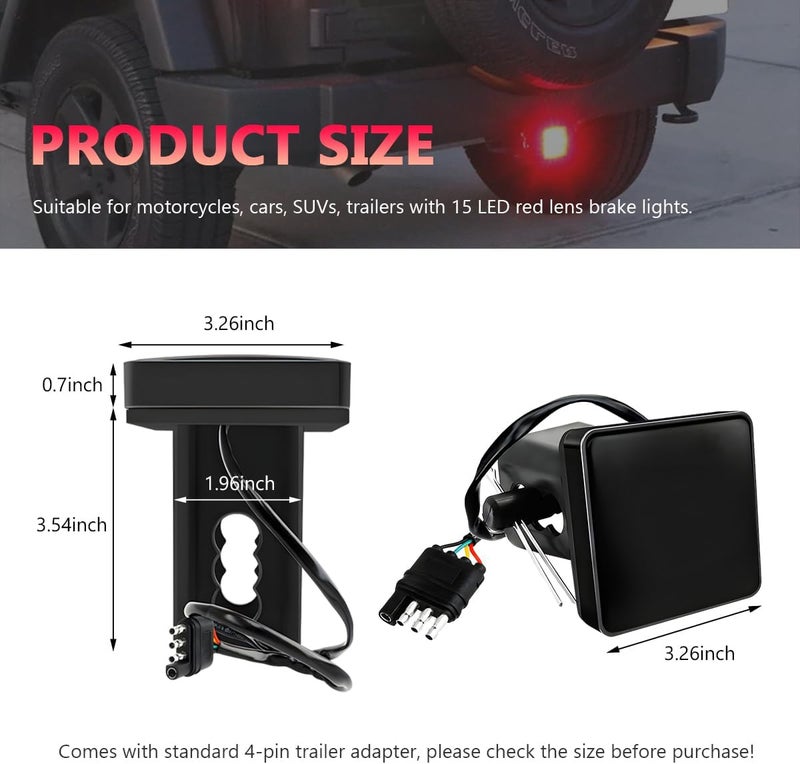 NYTKL 15 LED Brake Light Trailer Hitch Cover, Smoked Lens Square Brake Tail Light w/Trailer Adapter Pin, 12V Super Bright LED Towing Hitch Lighting Accessories Fit 2" Receiver (Black) - Image 2